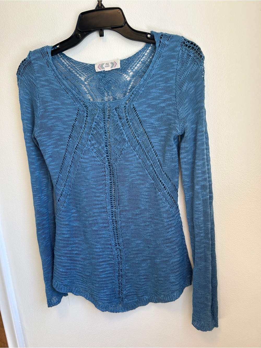 Pink Rose Blue Openwork Knit Long-Sleeve Top
